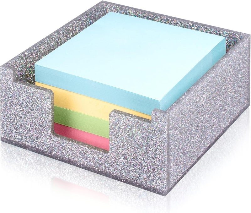 Luminzo Silver Sparkling Sticky Note Holder, Glitter Acrylic Organizer, 3.94 x 3.94 in Multi-Use Tray for Office, School & Home Desk - Image 1